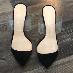 Black clear strap heels.